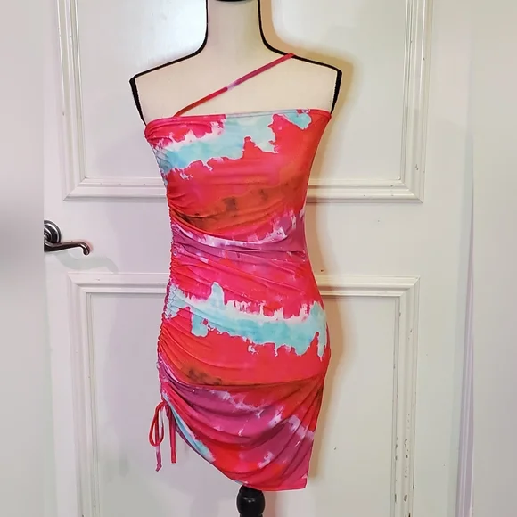 Pretty Little Thing Pink Multi Asymmetric Strap Ruched Bodycon Dress, Size 6 - Picture 4 of 16